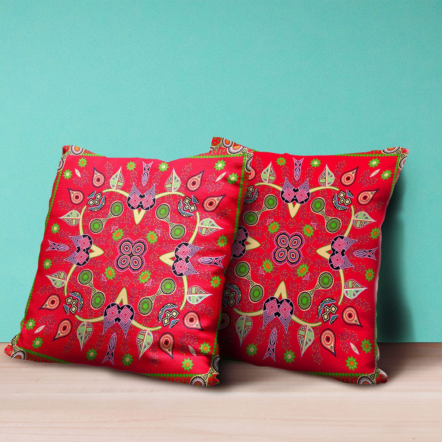 18" X 18" Green and Red Broadcloth Paisley Zippered Pillow