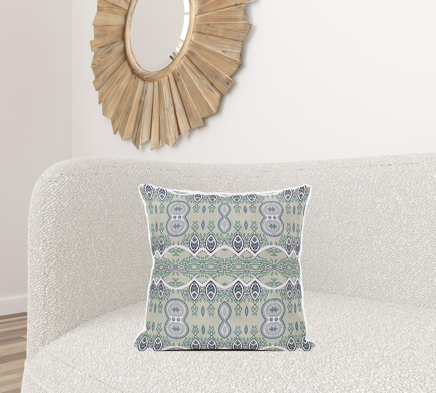 20" X 20" Beige and Green Broadcloth Paisley Zippered Pillow