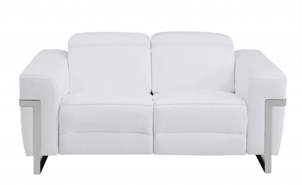 65" White And Silver Italian Leather Power Reclining Love Seat