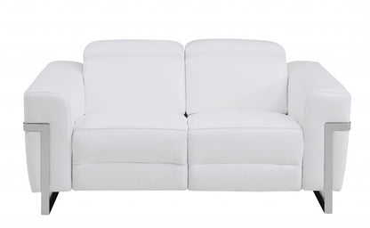 65" White And Silver Italian Leather Power Reclining Love Seat