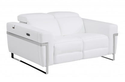 65" White And Silver Italian Leather Power Reclining Love Seat