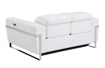 65" White And Silver Italian Leather Power Reclining Love Seat