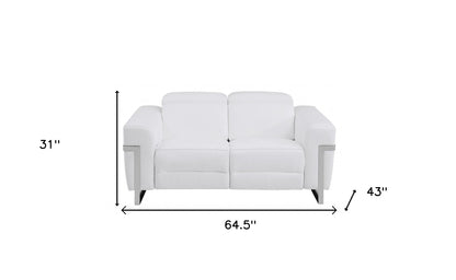 65" White And Silver Italian Leather Power Reclining Love Seat