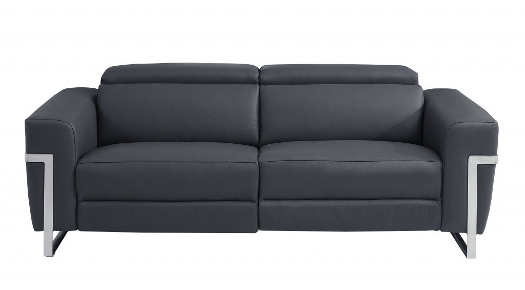 83" Dark Gray And Silver Italian Leather Reclining USB Sofa