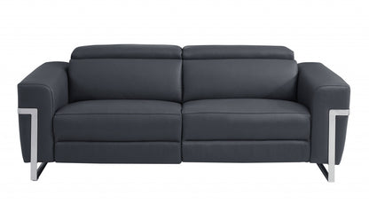 83" Dark Gray And Silver Italian Leather Reclining USB Sofa