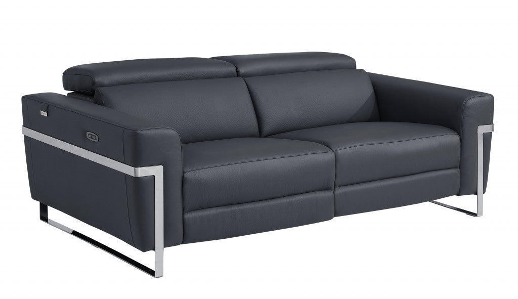 83" Dark Gray And Silver Italian Leather Reclining USB Sofa