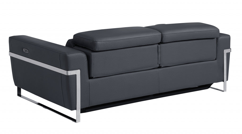 83" Dark Gray And Silver Italian Leather Reclining USB Sofa
