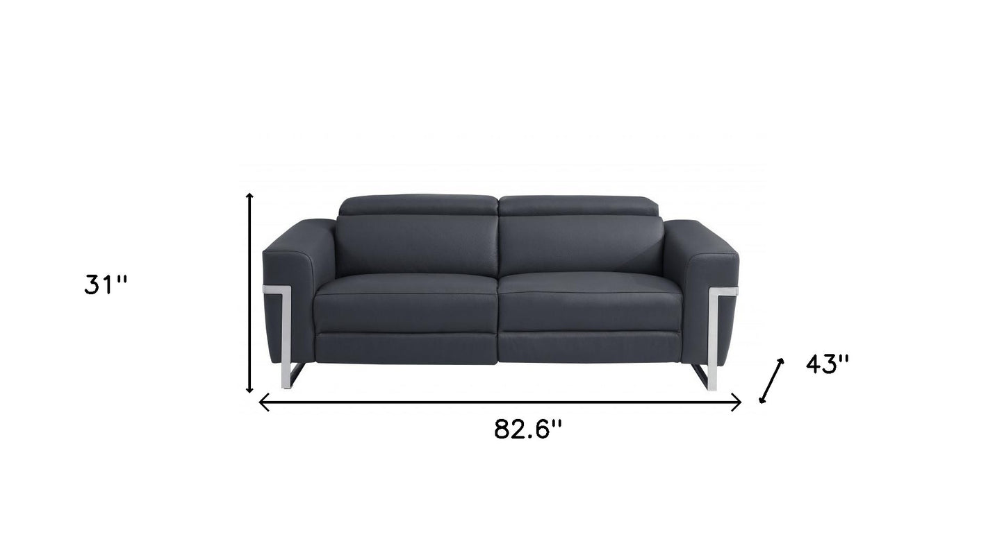83" Dark Gray And Silver Italian Leather Reclining USB Sofa