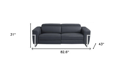 83" Dark Gray And Silver Italian Leather Reclining USB Sofa