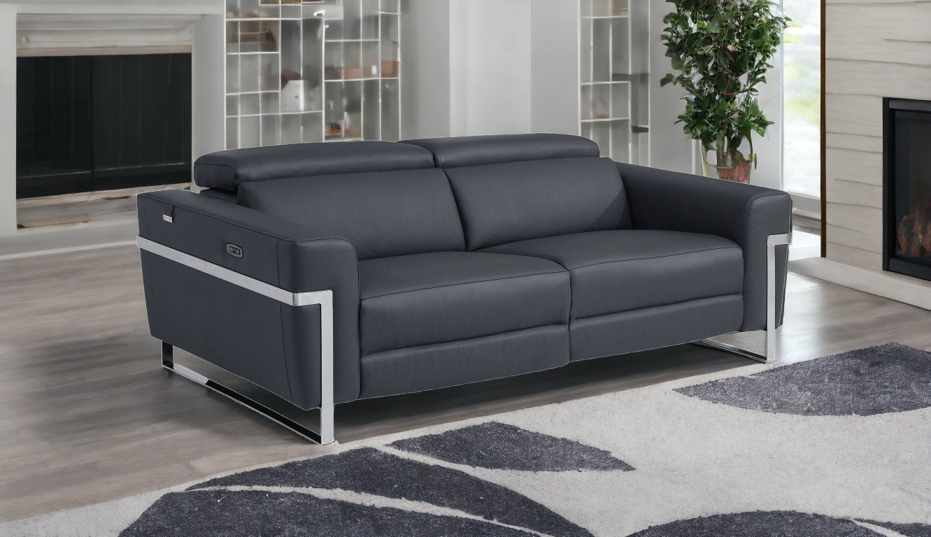 83" Dark Gray And Silver Italian Leather Reclining USB Sofa