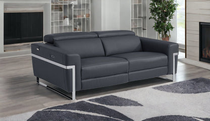 83" Dark Gray And Silver Italian Leather Reclining USB Sofa