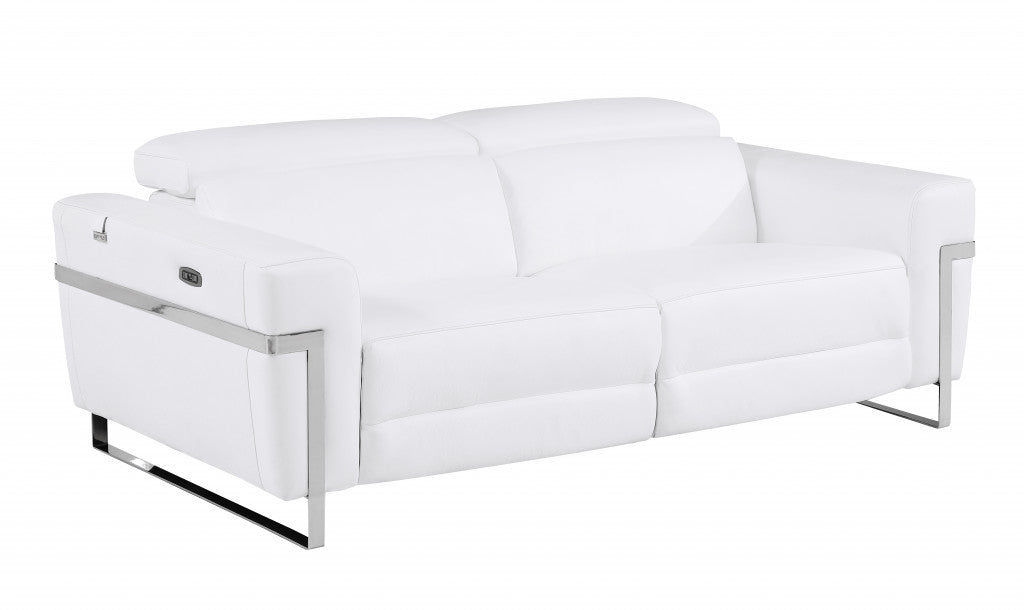 83" White And Silver Italian Leather Reclining USB Sofa