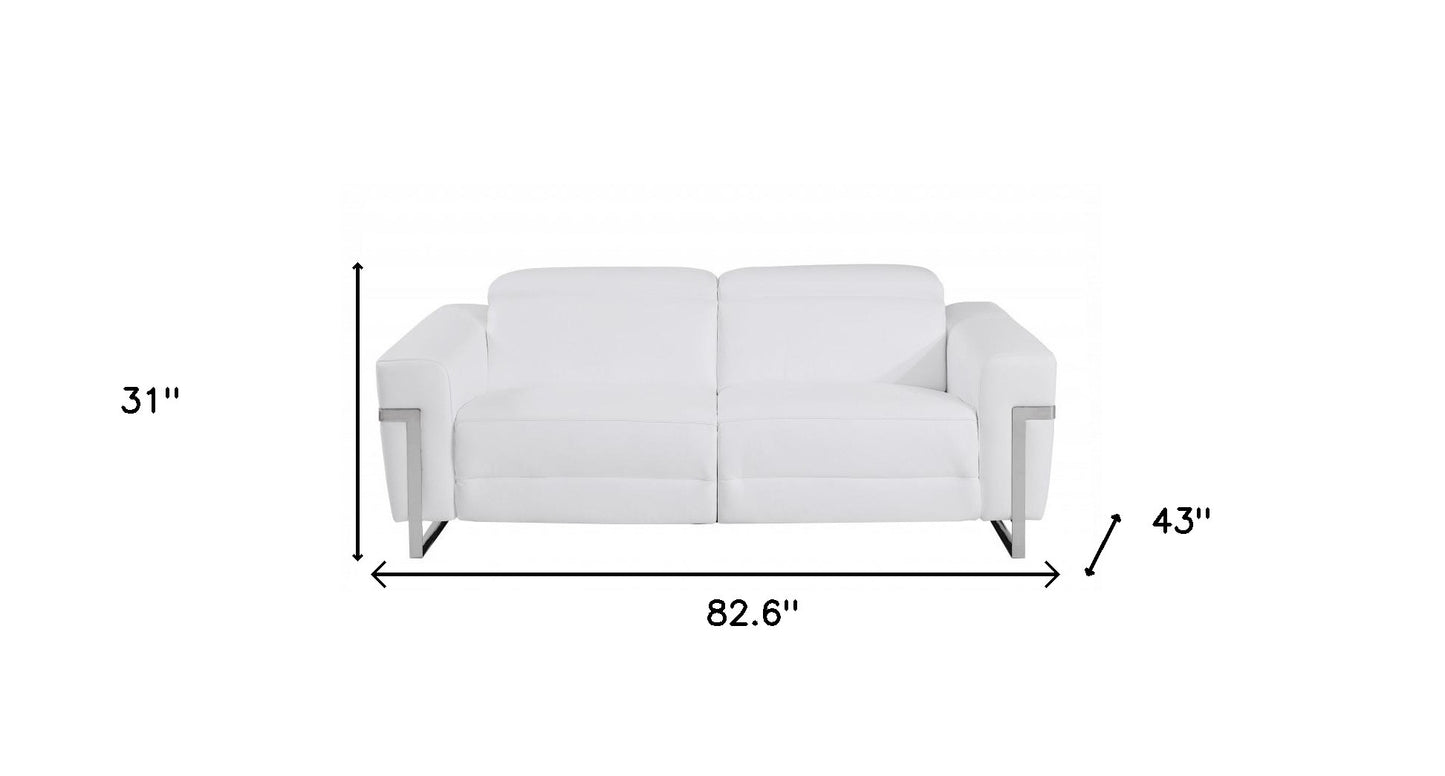 83" White And Silver Italian Leather Reclining USB Sofa