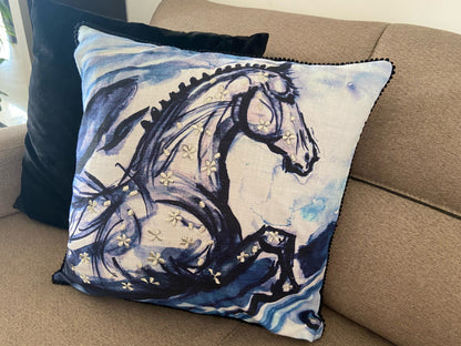 18" X 18" Blue Horse Zippered Cotton Blend Throw Pillow With Embroidery
