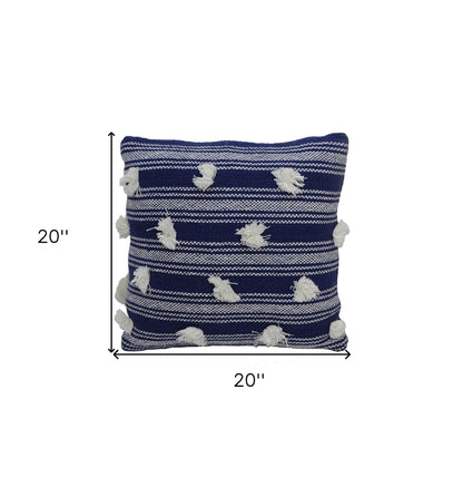 20" X 20" Navy and White Striped Textural Throw Pillow With Pom Poms