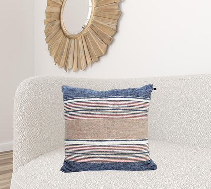 22" X 22" Blue And Tan Striped Handmade Throw Pillow With Tassels