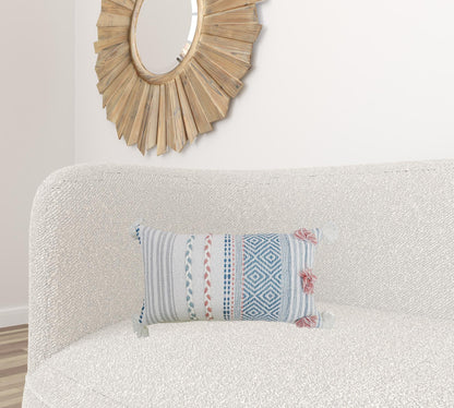 14" X 24" Blue And Pink Ribbed Zippered Handmade Cotton Blend Throw Pillow With Tassels