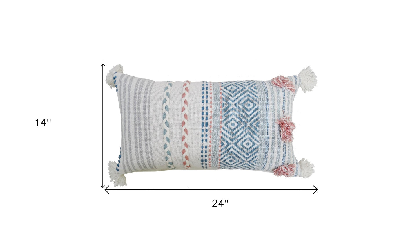 14" X 24" Blue And Pink Ribbed Zippered Handmade Cotton Blend Throw Pillow With Tassels