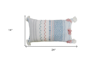 14" X 24" Blue And Pink Ribbed Zippered Handmade Cotton Blend Throw Pillow With Tassels