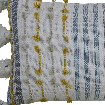 14" X 20" Blue and Yellow Striped Cotton Blend Zippered Pillow With Tassels