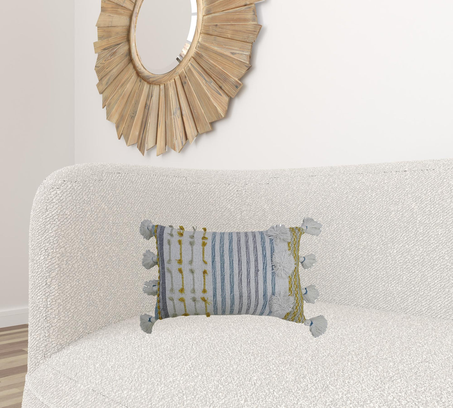 14" X 20" Blue and Yellow Striped Cotton Blend Zippered Pillow With Tassels