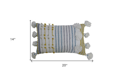 14" X 20" Blue and Yellow Striped Cotton Blend Zippered Pillow With Tassels