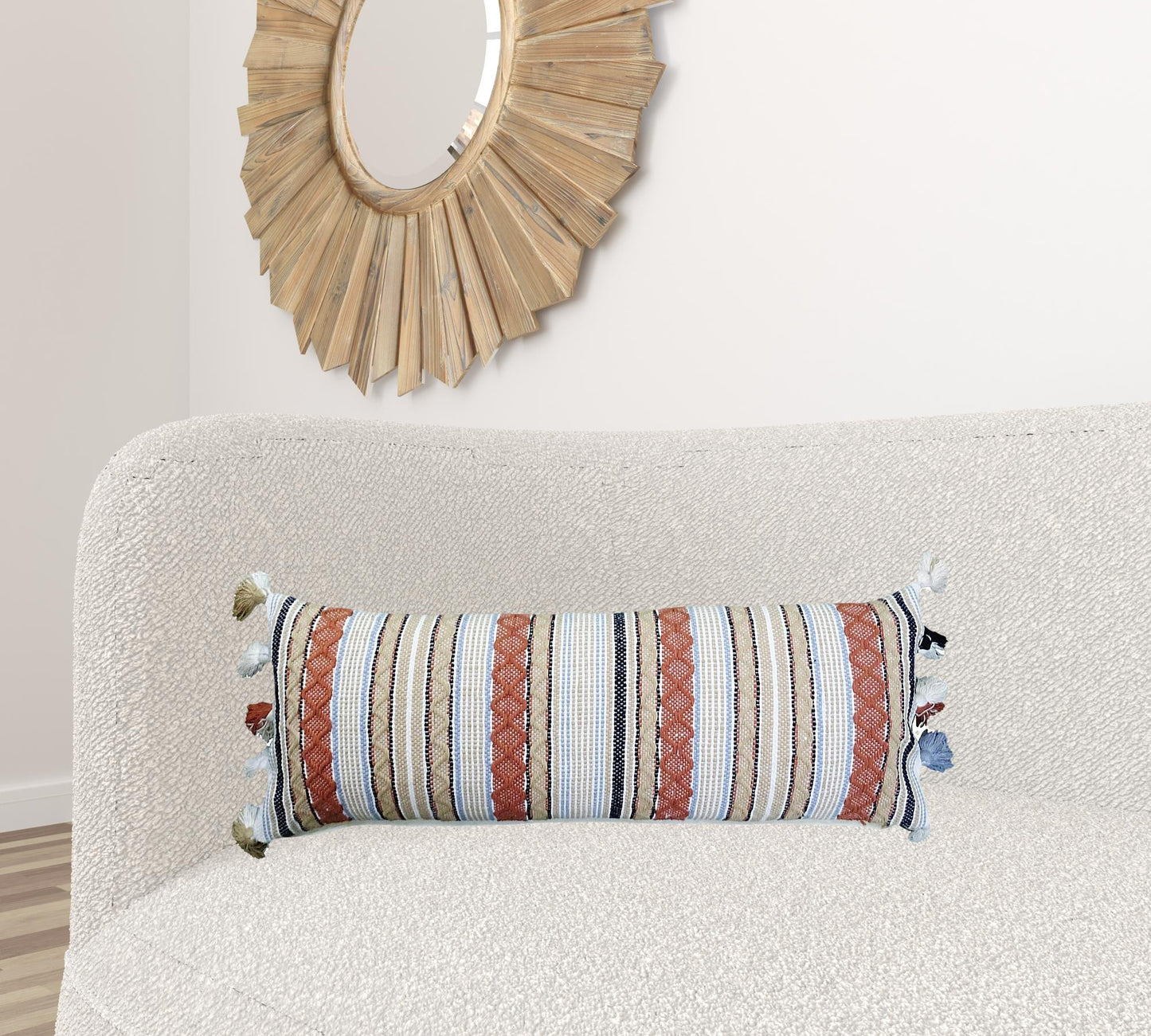 14" X 40" Tan And Beige Trellis Zippered Handmade Cotton Blend Throw Pillow With Tassels