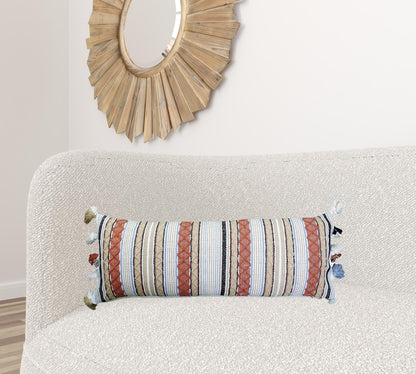 14" X 40" Tan And Beige Trellis Zippered Handmade Cotton Blend Throw Pillow With Tassels