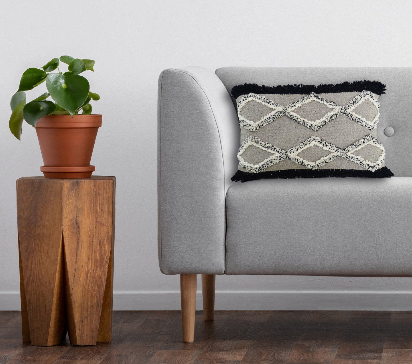 16" X 22" Black And Gray Diamond Handmade Cotton Blend Throw Pillow With Fringe