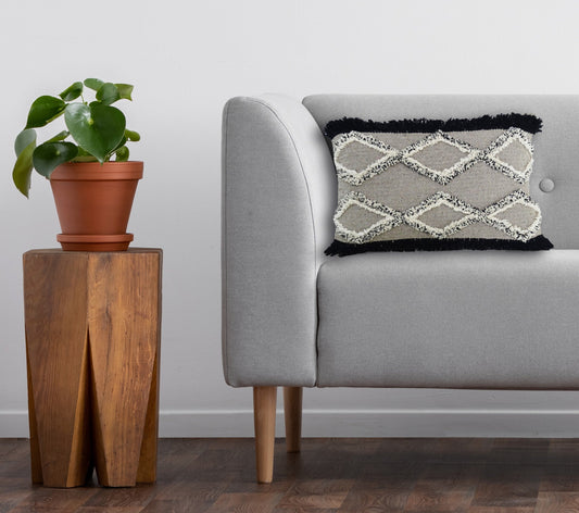 16" X 22" Black And Gray Diamond Handmade Cotton Blend Throw Pillow With Fringe