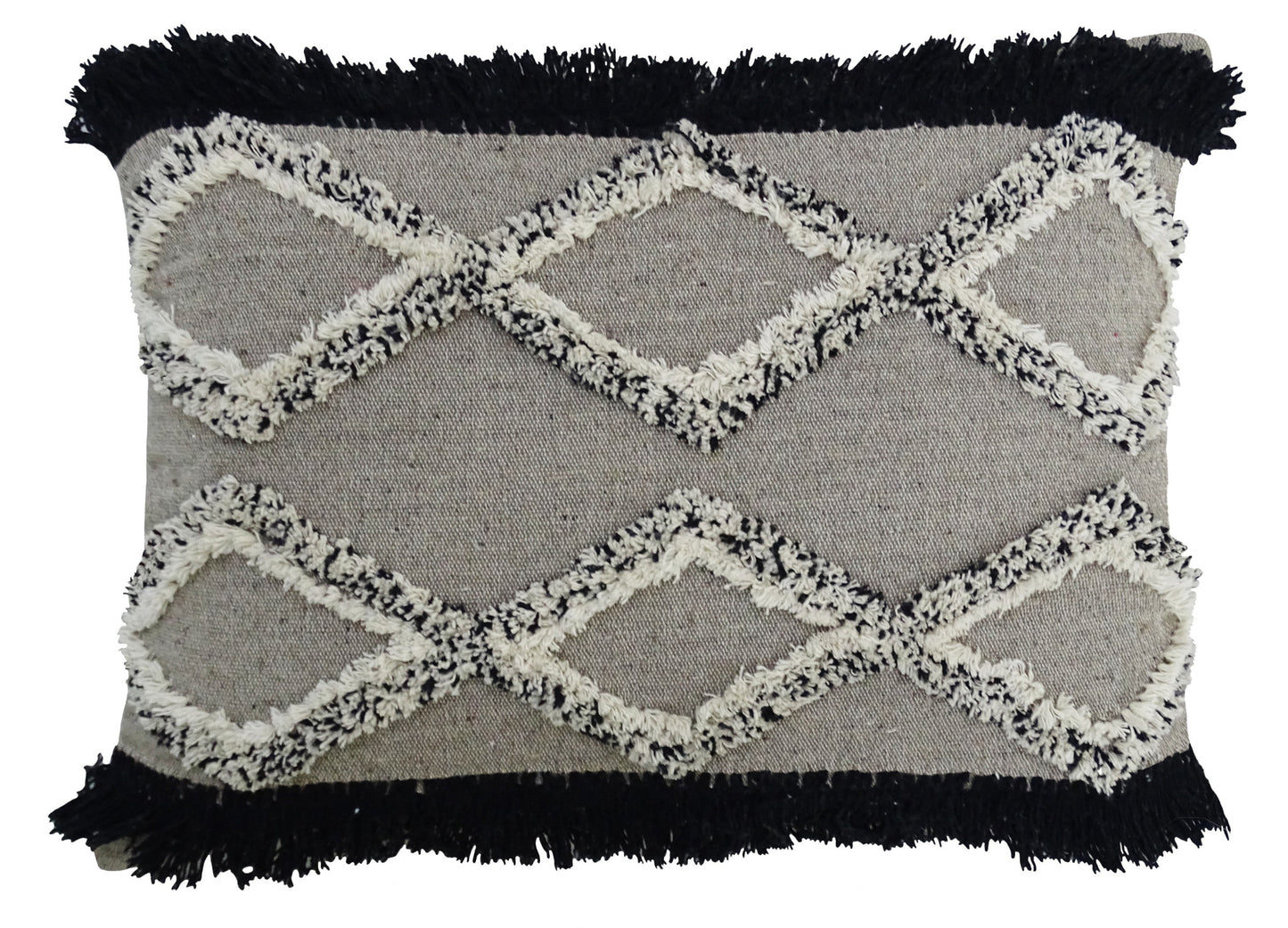 16" X 22" Black And Gray Diamond Handmade Cotton Blend Throw Pillow With Fringe