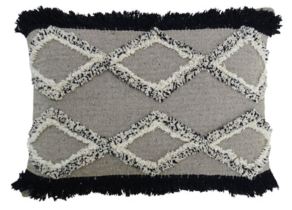 16" X 22" Black And Gray Diamond Handmade Cotton Blend Throw Pillow With Fringe