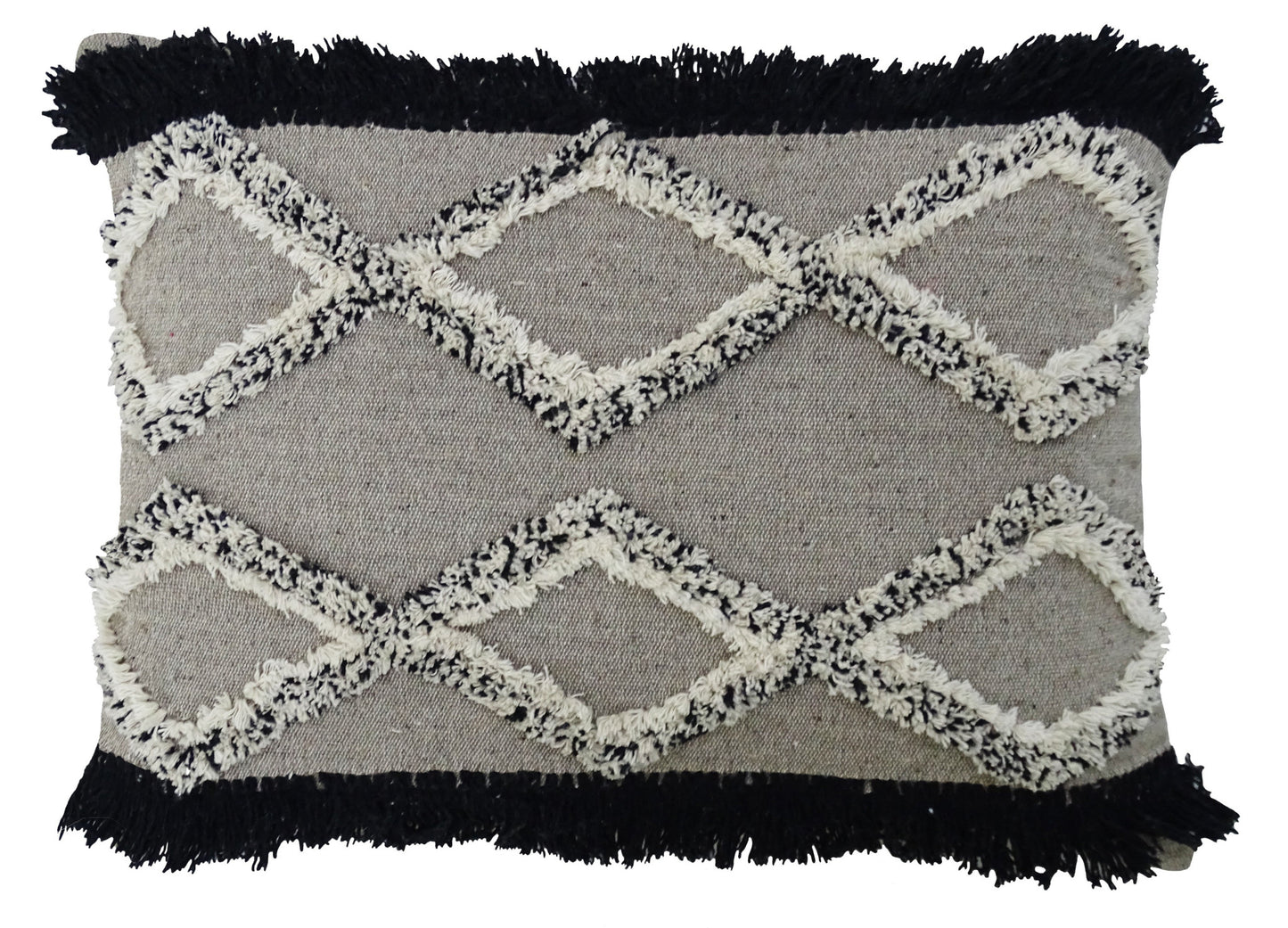 16" X 22" Black And Gray Diamond Handmade Cotton Blend Throw Pillow With Fringe