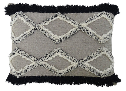 16" X 22" Black And Gray Diamond Handmade Cotton Blend Throw Pillow With Fringe