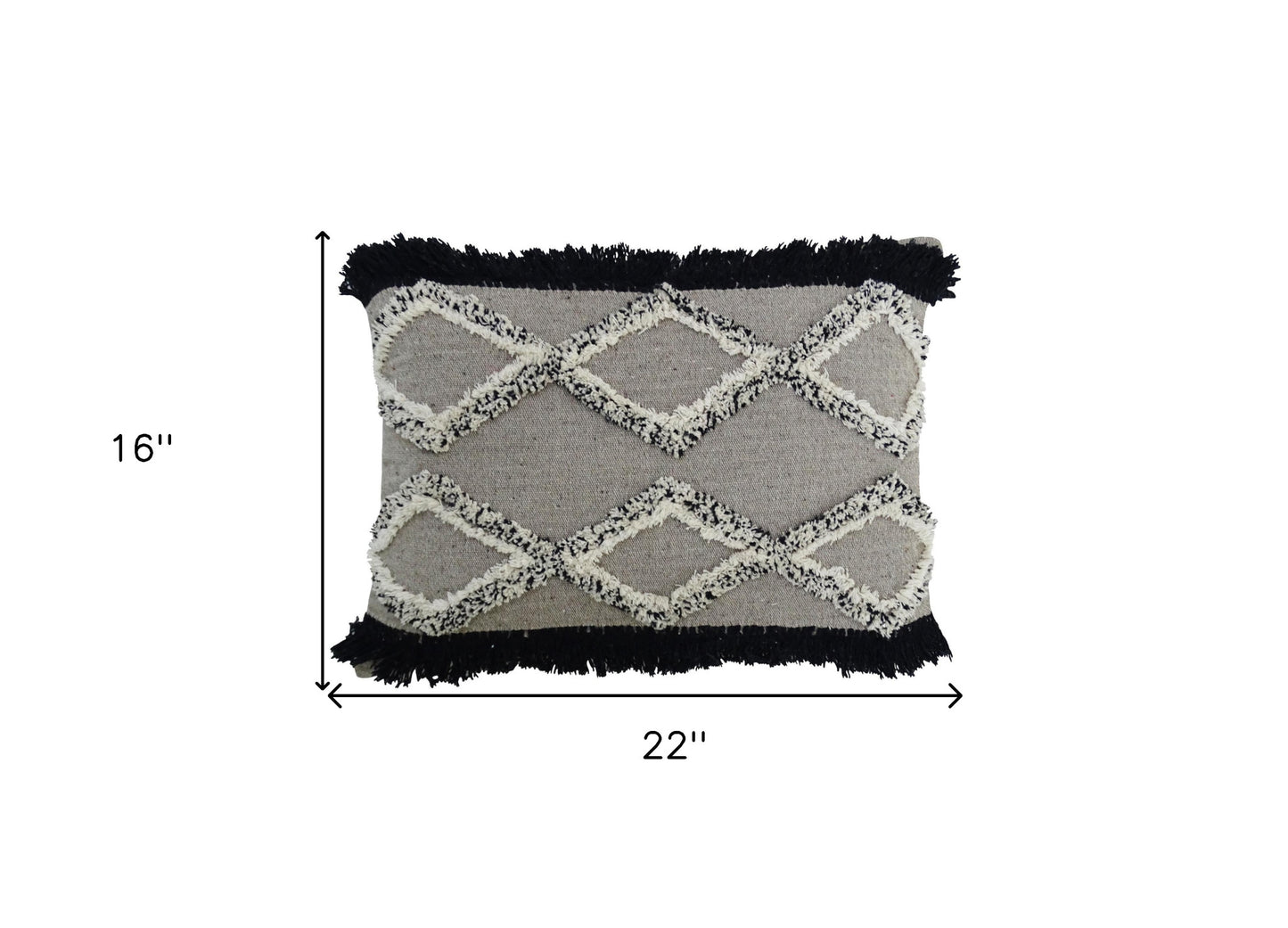 16" X 22" Black And Gray Diamond Handmade Cotton Blend Throw Pillow With Fringe