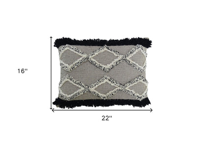 16" X 22" Black And Gray Diamond Handmade Cotton Blend Throw Pillow With Fringe