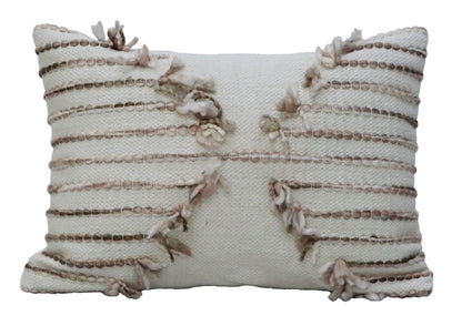 14" X 20" Tan And White Zippered Cotton Blend Geometric Throw Pillow With Pom-poms