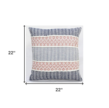 22" X 22" Blue And Peach Trellis Zippered Cotton Blend Throw Pillow With Embroidery