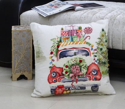 20" X 20" Green And Red Zippered Handmade Cotton Blend Christmas Holiday Van Throw Pillow With Pom Poms