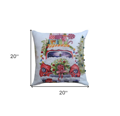 20" X 20" Green And Red Zippered Handmade Cotton Blend Christmas Holiday Van Throw Pillow With Pom Poms