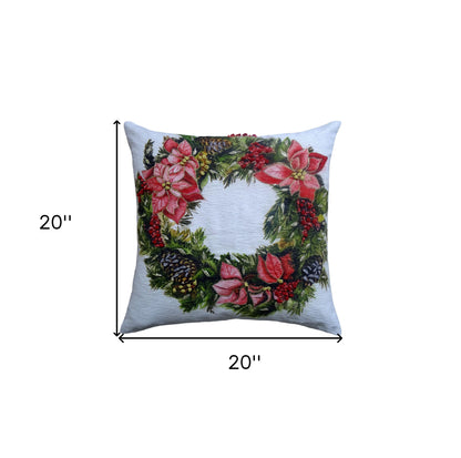 20" X 20" Red And Green Text Zippered Cotton Blend Christmas Wreath Throw Pillow