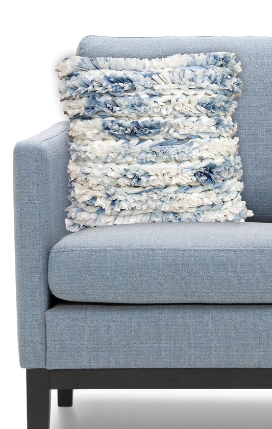 22" X 22" White And Blue Ombre Zippered Hand Loomed Cotton Blend Throw Pillow With Ruffles