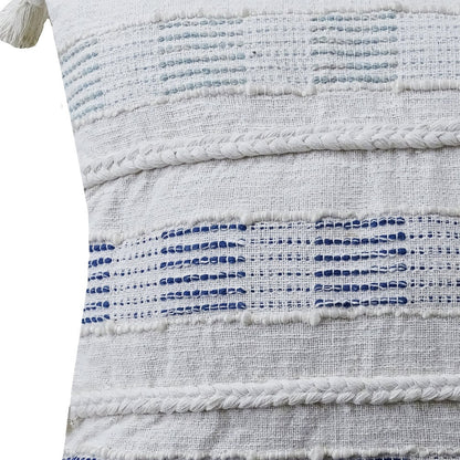 22" X 22" Off White And Blue Checkered Zippered Handmade Cotton Blend Throw Pillow With Tassels