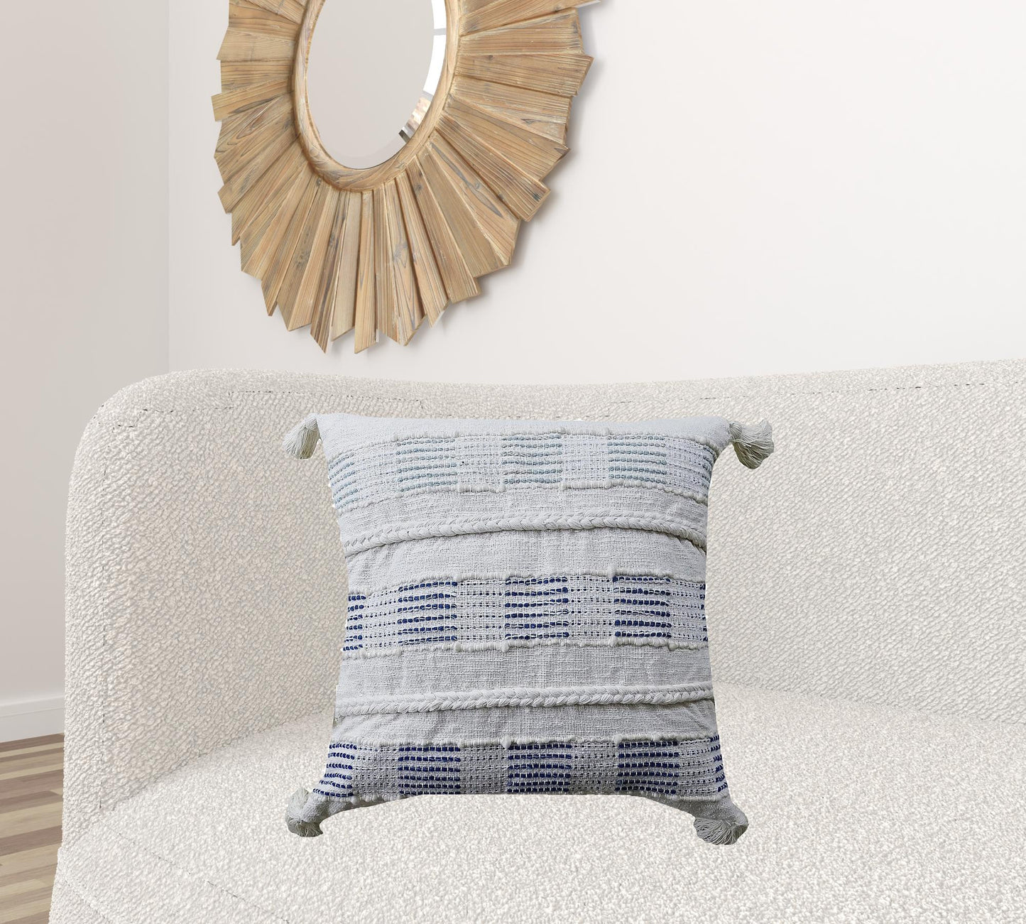 22" X 22" Off White And Blue Checkered Zippered Handmade Cotton Blend Throw Pillow With Tassels