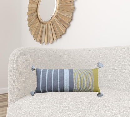 14" X 36" Gray And Yellow Striped Handmade Cotton Blend Throw Pillow With Tassels