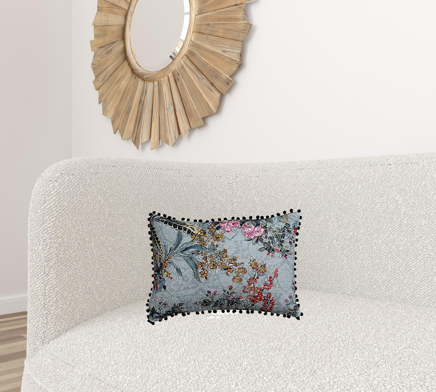 14" X 20" Green And Yellow Floral Zippered Handmade Cotton Blend Throw Pillow With Pom Poms
