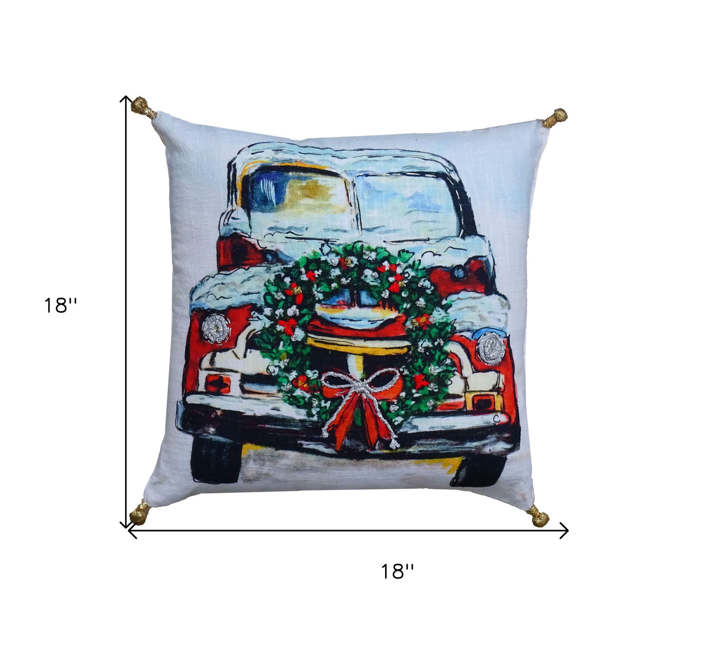18" X 18" Red And Green Handmade Christmas Car Throw Pillow With Pom Poms