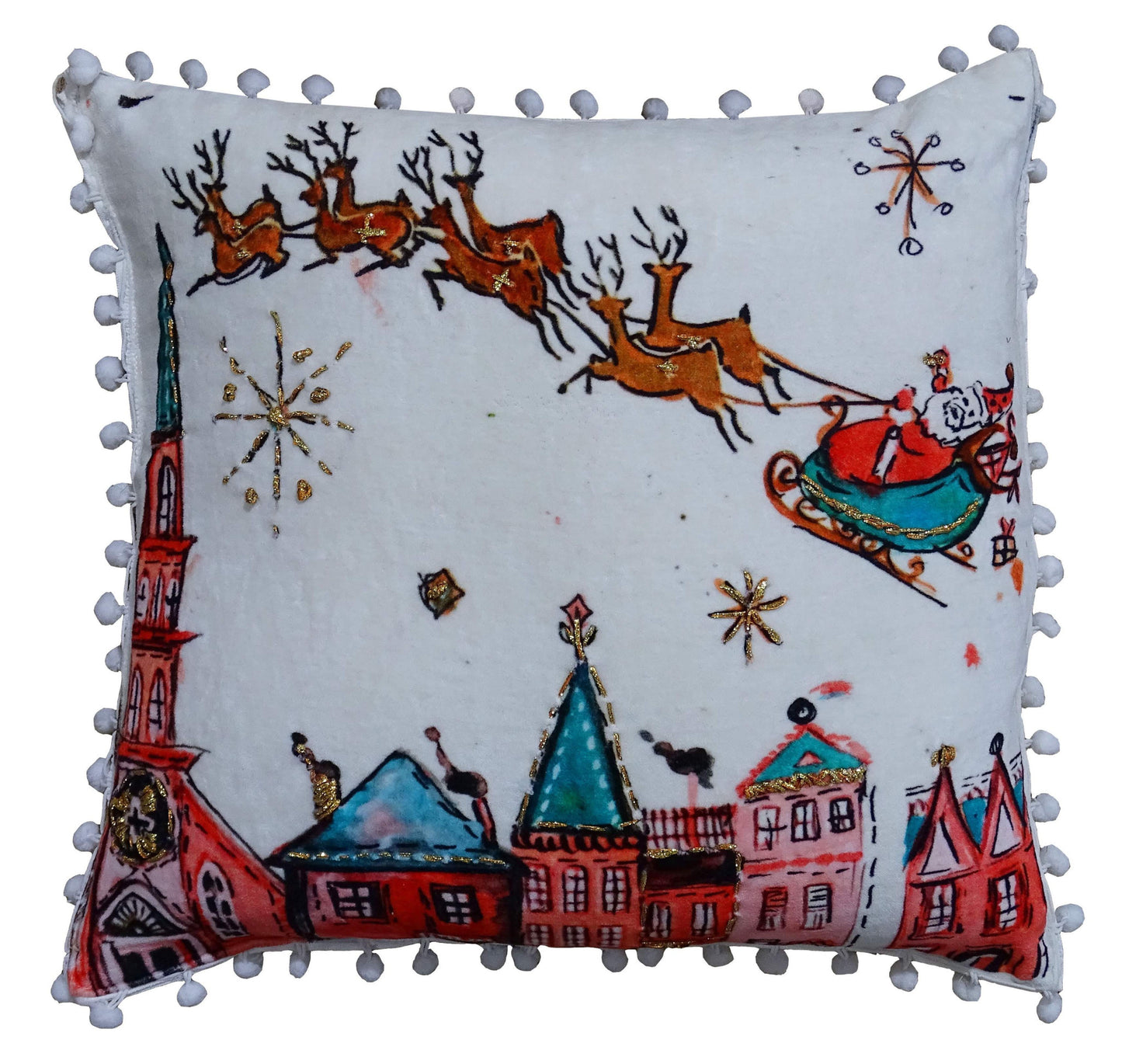 18" X 18" Red And Green Christmas Santa and Reindeer Throw Pillow With Pom Poms