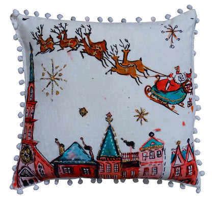 18" X 18" Red And Green Christmas Santa and Reindeer Throw Pillow With Pom Poms