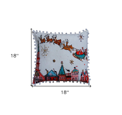18" X 18" Red And Green Christmas Santa and Reindeer Throw Pillow With Pom Poms